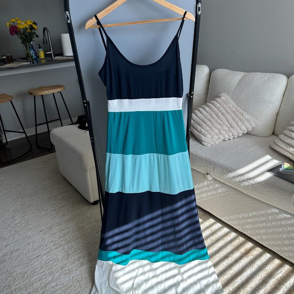 Women's Sleeveless Long Blue Block‎ Dress Size M | Elegant Colorblock Maxi